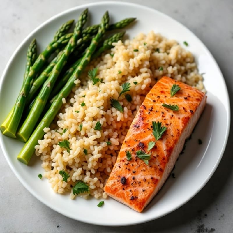 Seared Salmon Fillet with Steamed Asparagus and Brown Rice