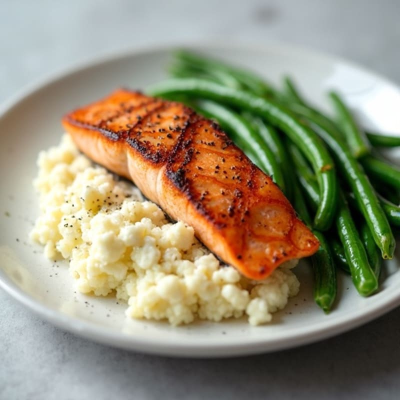 Seared Salmon with Steamed Green Beans and Cauliflower Mash