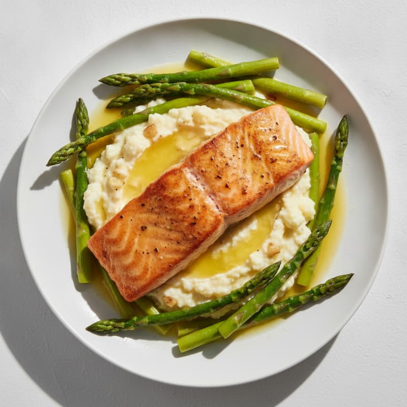 Seared Salmon with Steamed Asparagus and Garlic Cauliflower Mash