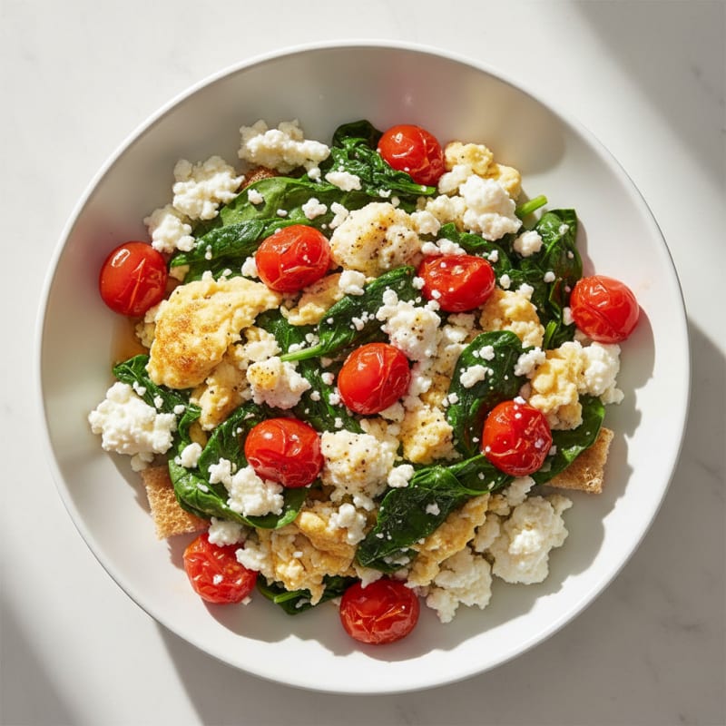 Cottage Cheese Egg White Scramble with Sautéed Spinach and Cherry Tomatoes