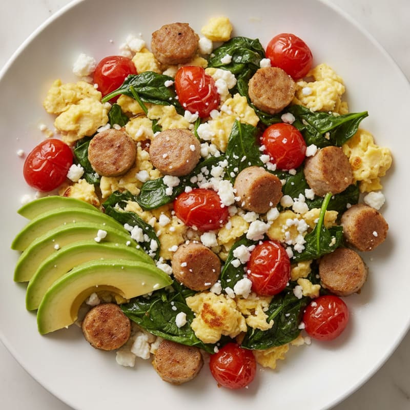 Egg White and Turkey Sausage Scramble with Spinach and Tomatoes