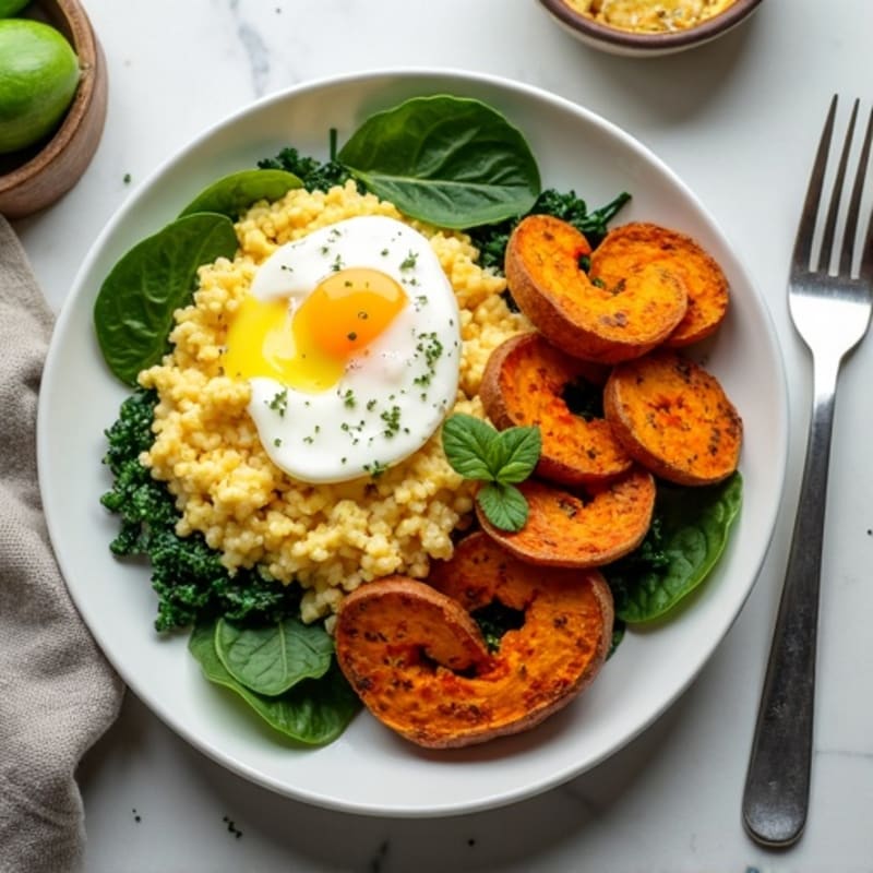 Egg White Spinach Scramble with Cottage Cheese and Roasted Sweet Potatoes