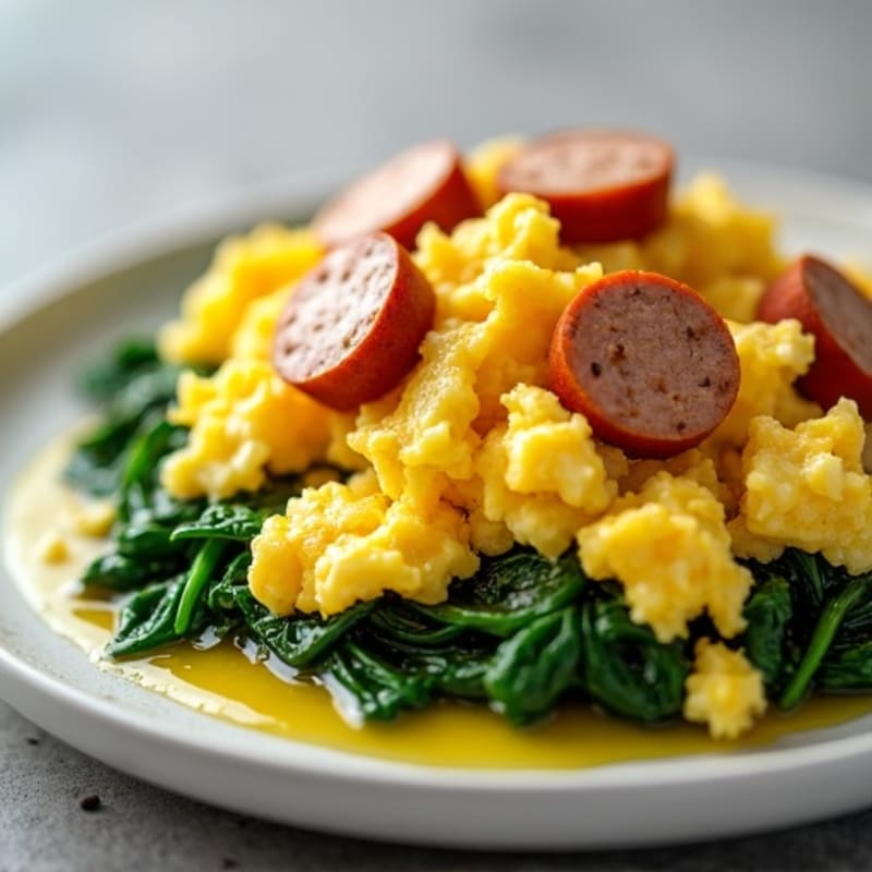 Scrambled Eggs with Turkey Sausage and Spinach