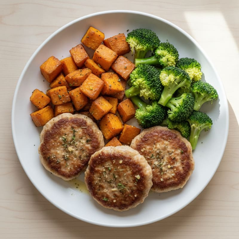 Seared Turkey Patties with Roasted Sweet Potato and Steamed Broccoli