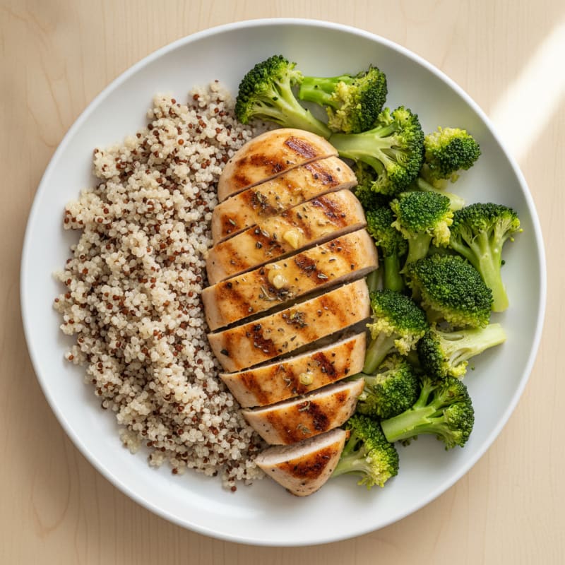 Grilled Lemon Herb Chicken Breast with Quinoa and Steamed Broccoli