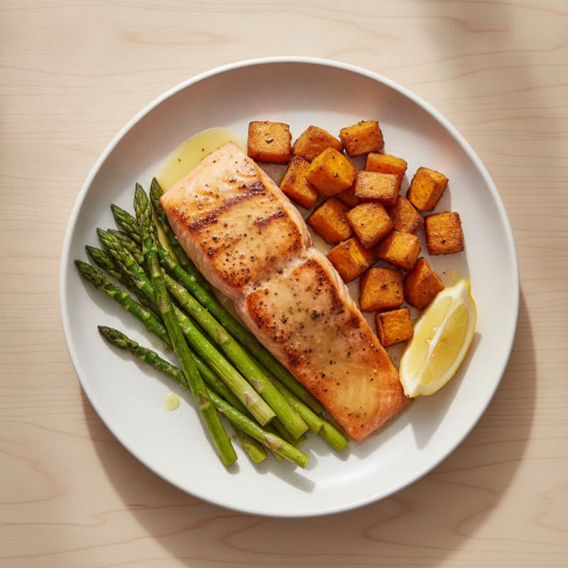 Seared Salmon Fillet with Roasted Sweet Potato and Asparagus
