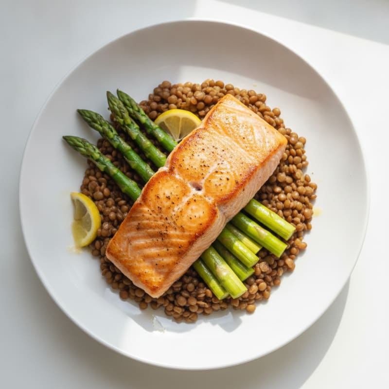 Seared Salmon Fillet with Steamed Asparagus and Lentil Mash