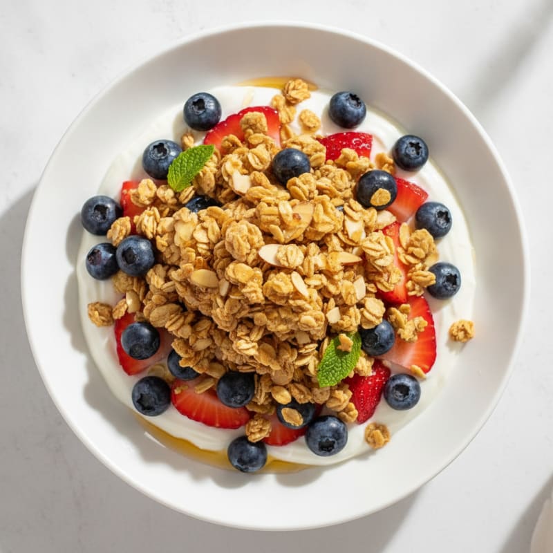 Greek Yogurt Parfait with Crunchy Almond Granola and Fresh Berries
