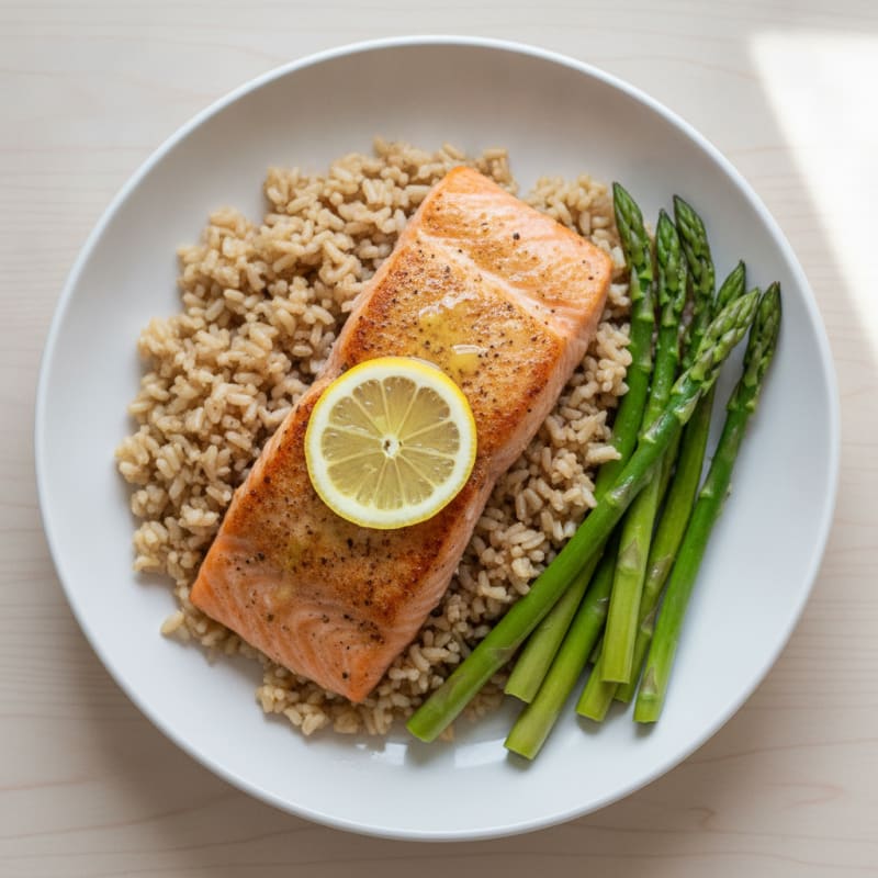 Seared Salmon with Steamed Asparagus and Brown Rice