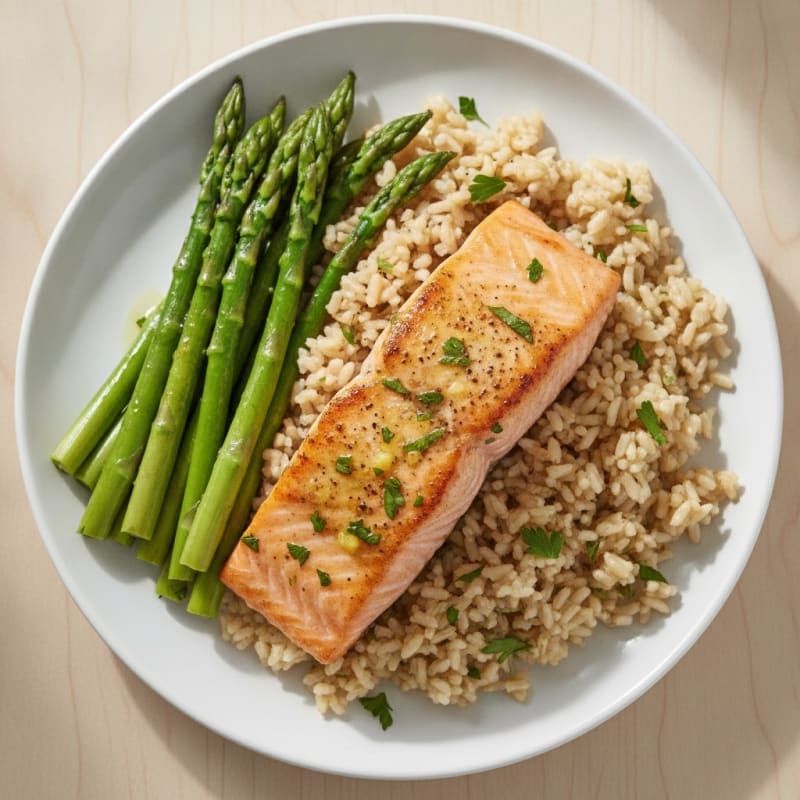 Seared Salmon Fillet with Steamed Asparagus and Herbed Brown Rice