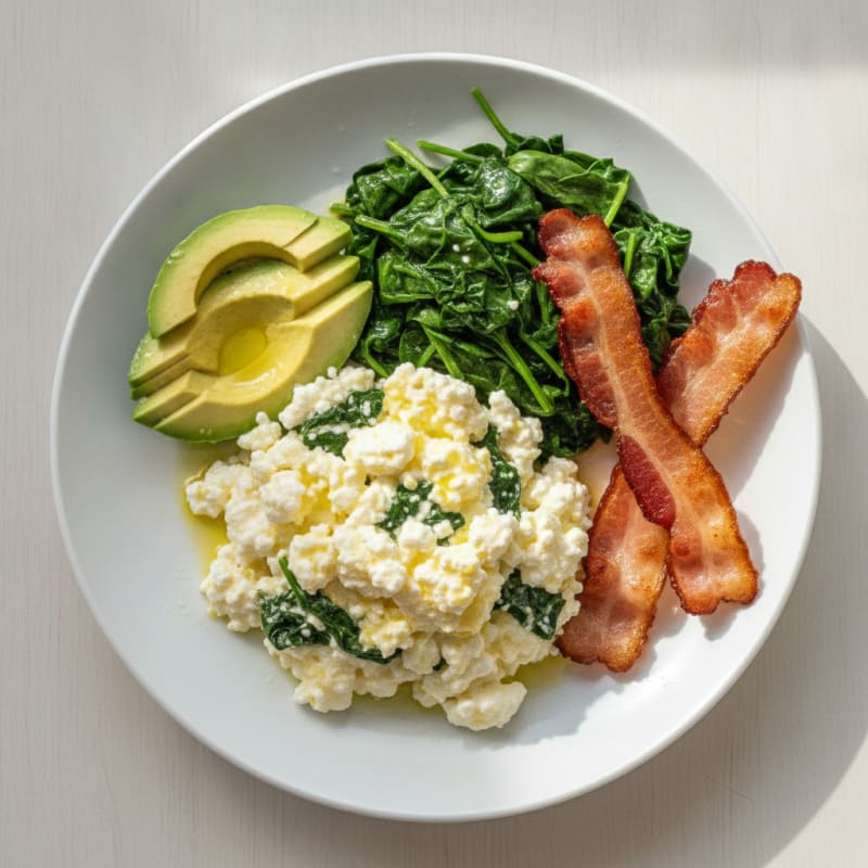 Cottage Cheese Scramble with Sautéed Spinach and Turkey Bacon