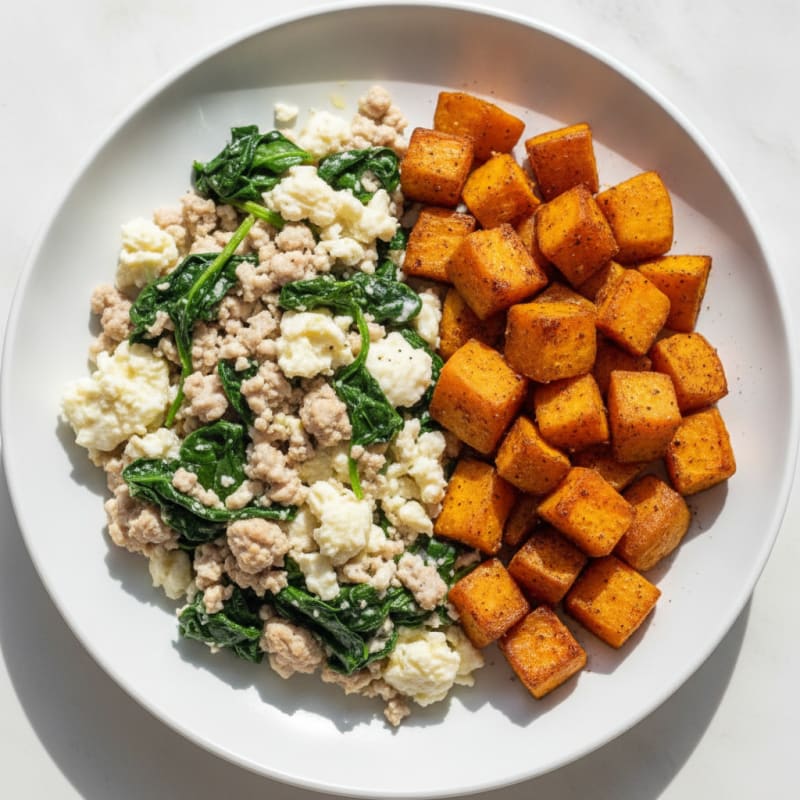 Egg White and Turkey Spinach Scramble with Roasted Sweet Potatoes