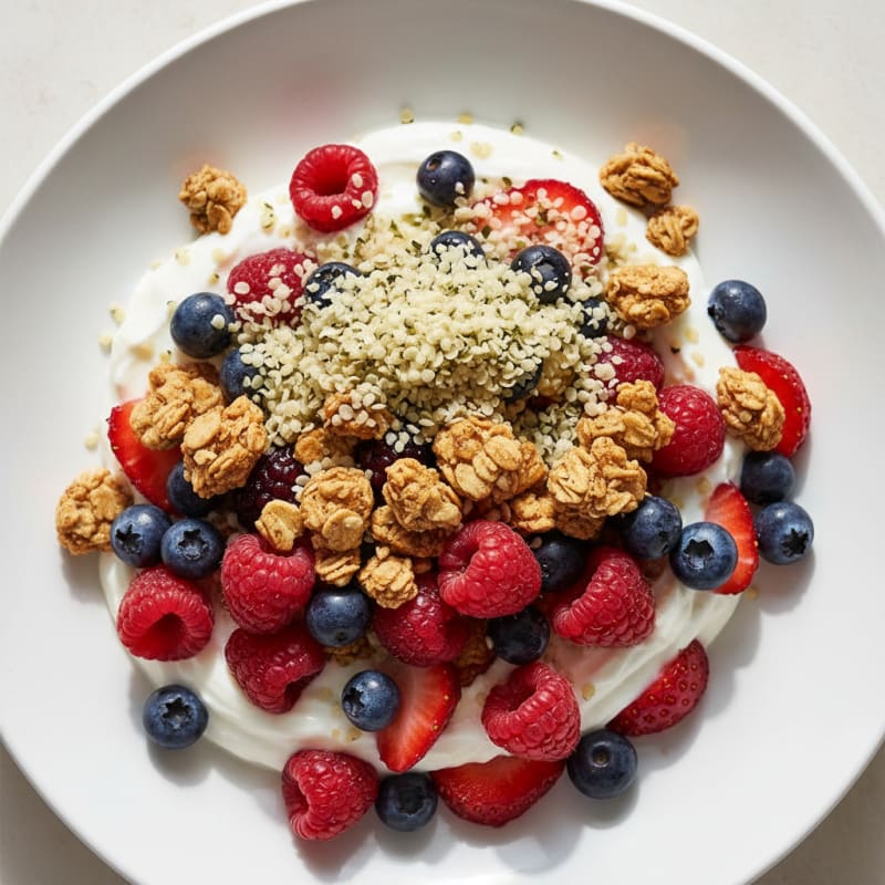 Greek Yogurt Parfait with Crunchy Almond Granola and Mixed Berries