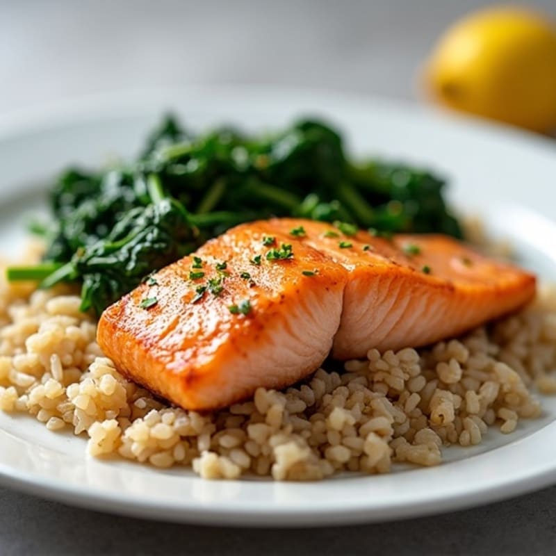 Seared Salmon with Garlic Sautéed Spinach and Brown Rice