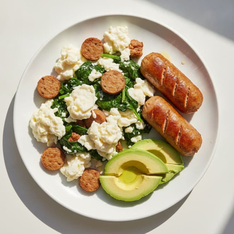 Egg White Scramble with Turkey Sausage and Sautéed Spinach
