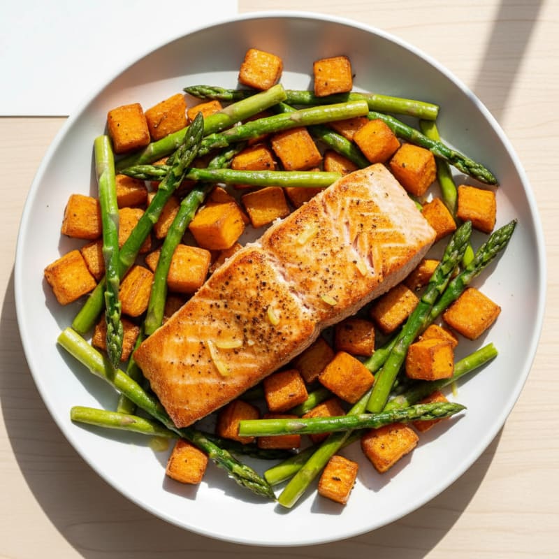Seared Salmon with Roasted Sweet Potatoes and Asparagus