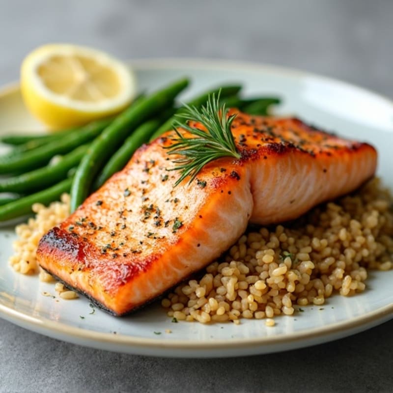 Seared Salmon with Garlic Green Beans and Herbed Brown Rice