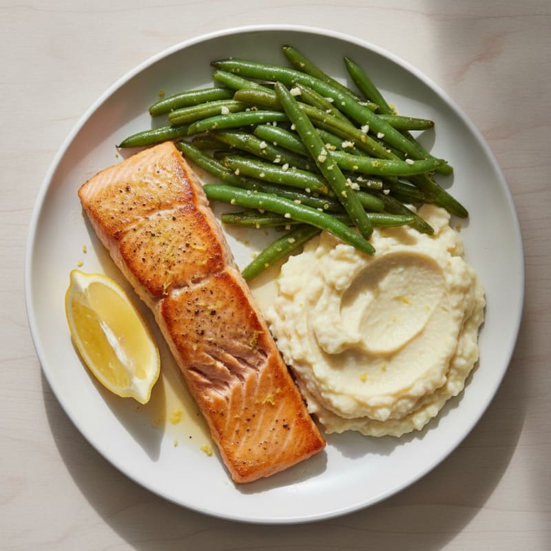 Seared Salmon with Garlic Green Beans and Cauliflower Mash