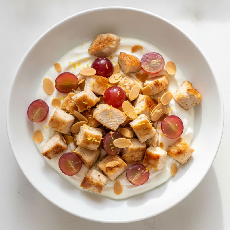 High-Protein Greek Yogurt Bowl with Chopped Chicken and Almonds