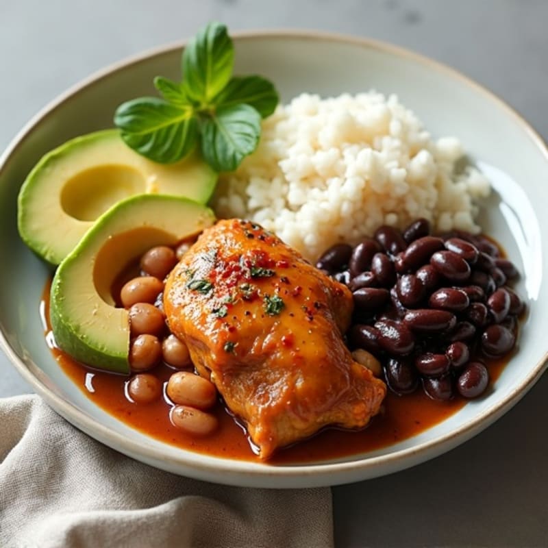 Tender Stewed Chicken with Creamy Beans, Fluffy Rice, and Fresh Avocado
