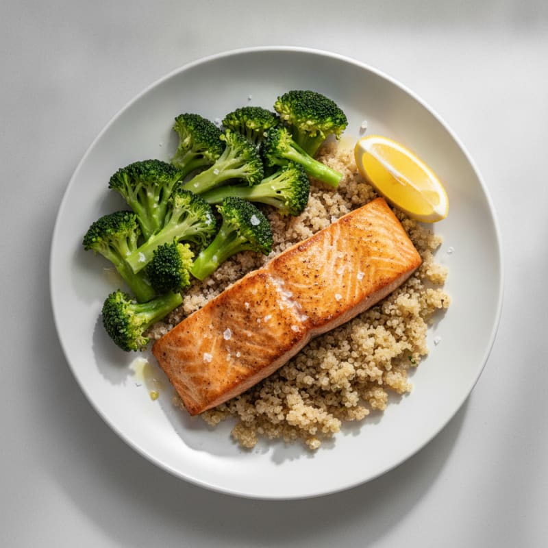 Seared Salmon with Steamed Broccoli and Quinoa