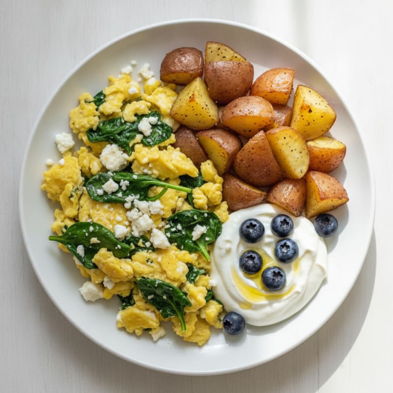 Egg and Spinach Scramble with Roasted Potatoes and Greek Yogurt