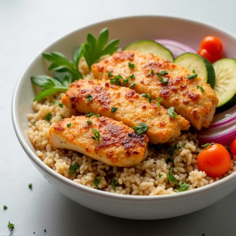 Crispy Lemon-Herb Chicken and Roasted Vegetable Rice Bowl