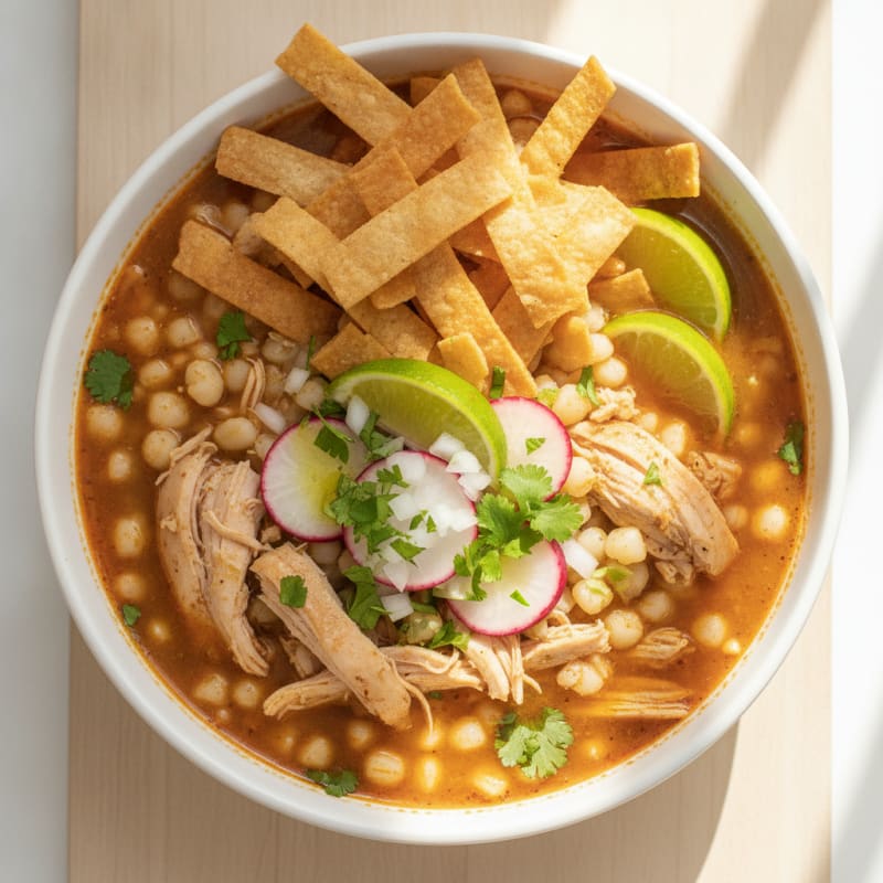 Chicken Posole with Crispy Tostada Strips