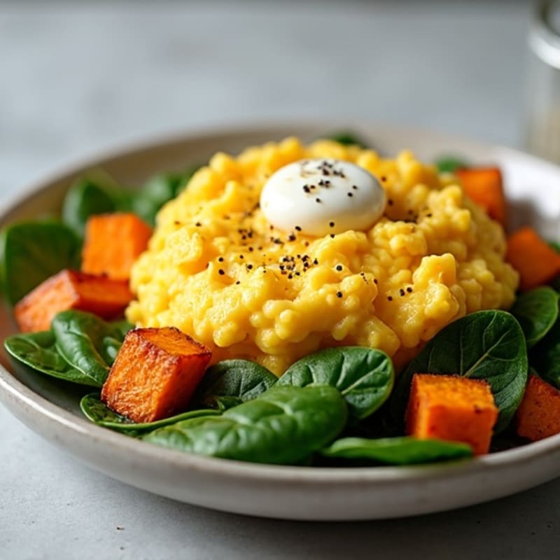 Scrambled Eggs with Roasted Sweet Potato and Spinach