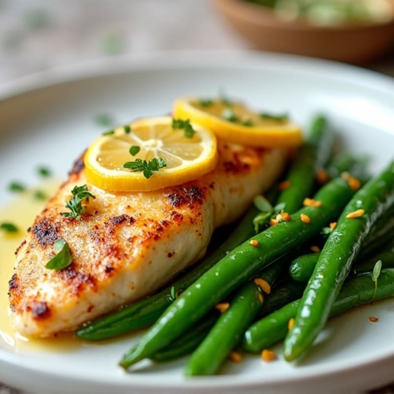 Lemon Garlic Pan-Seared Chicken Breast with Roasted Green Beans