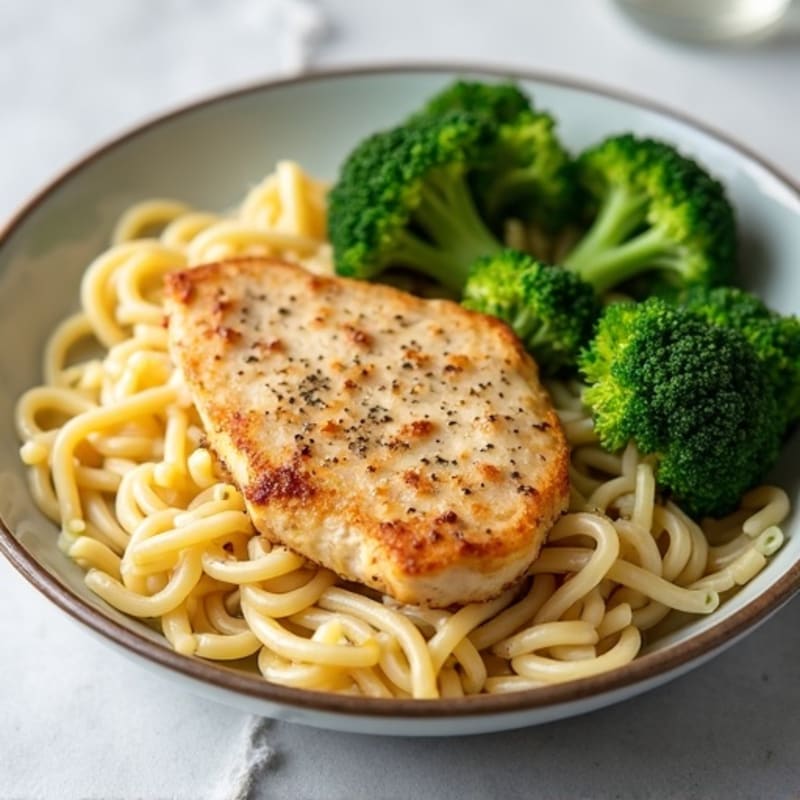 Creamy Cashew Alfredo Pasta with Pan-Seared Chicken and Fresh Broccoli