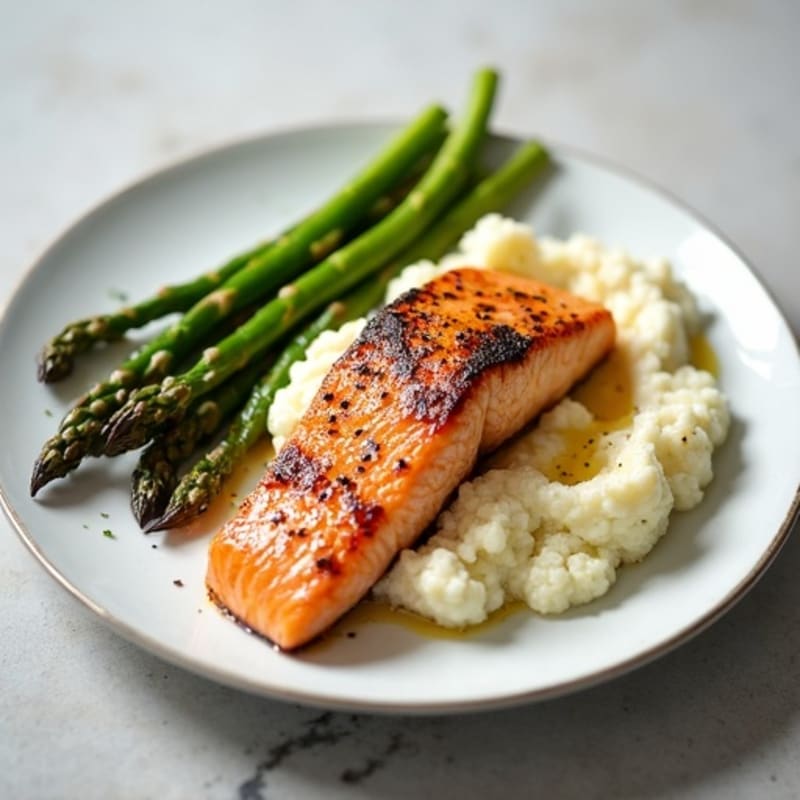 Seared Salmon Fillet with Roasted Asparagus and Cauliflower Mash