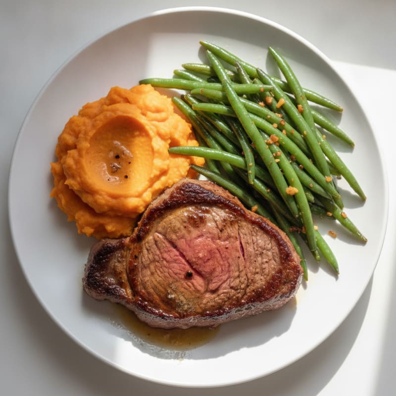 Seared Sirloin Steak with Garlic Green Beans and Sweet Potato Mash