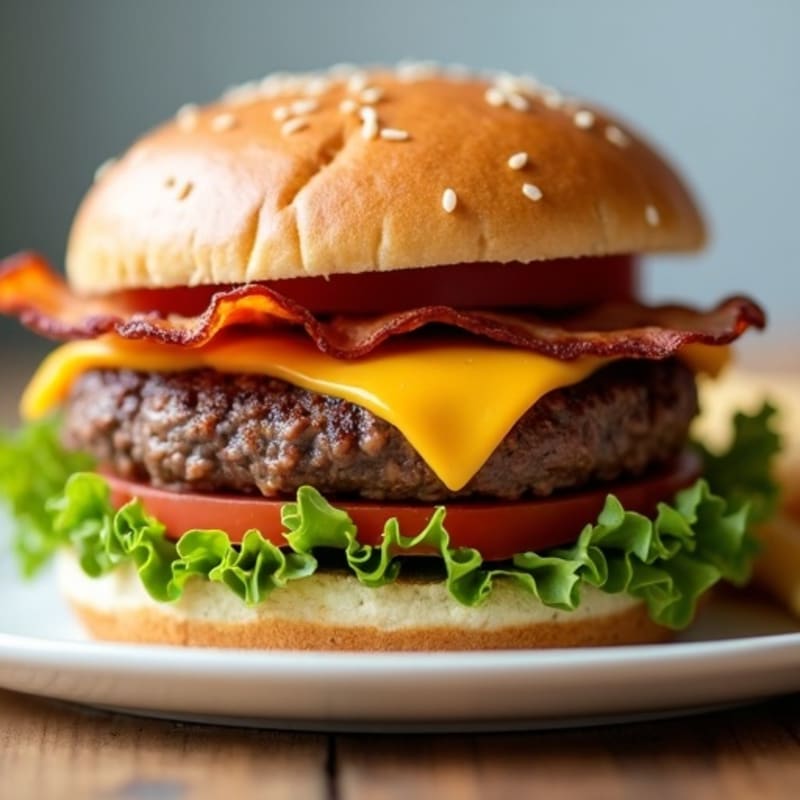 Lean Beef Burger with Crispy Bacon, Melty Cheddar, and Fresh Greens