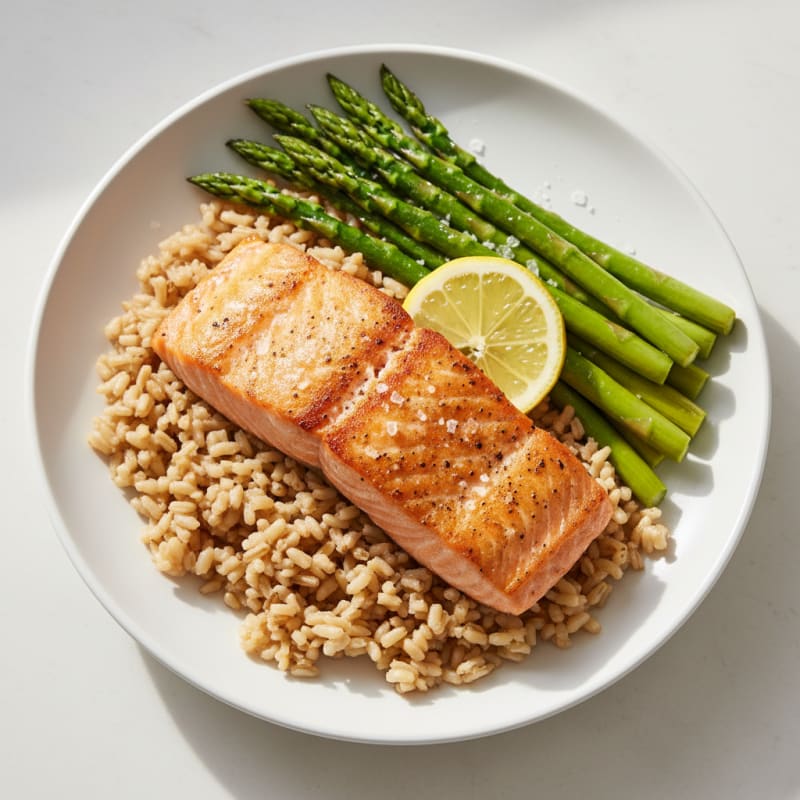 Seared Salmon with Steamed Asparagus and Brown Rice