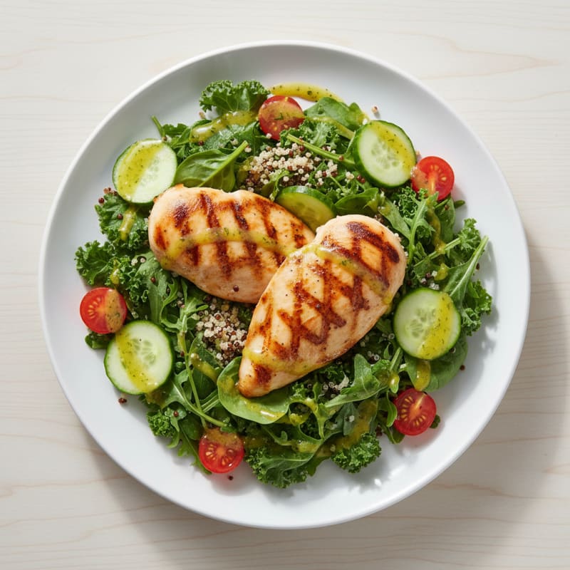 Grilled Chicken Breast Salad with Mixed Greens and Quinoa