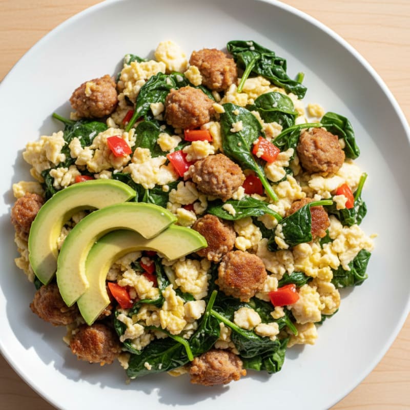 Egg White and Spinach Scramble with Turkey Sausage