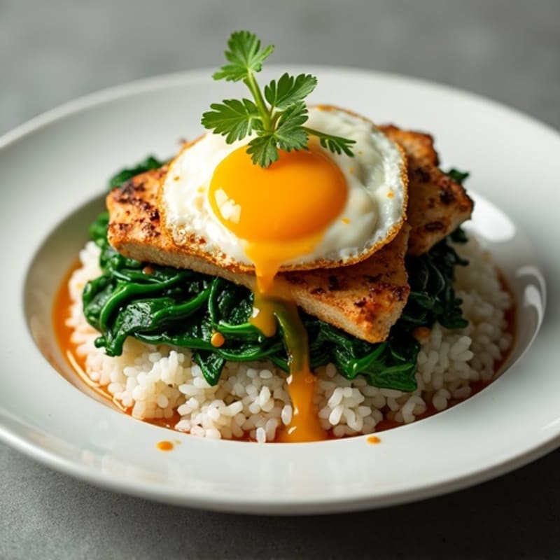 Soy-Ginger Chicken Scramble with Steamed Spinach and Japanese Rice