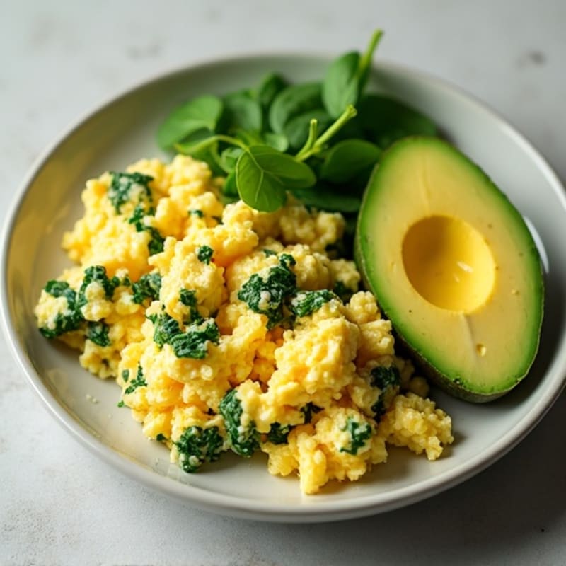 Fluffy Scrambled Eggs with Fresh Spinach and Creamy Avocado