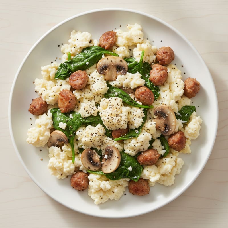 Egg White and Turkey Sausage Scramble with Spinach and Mushrooms