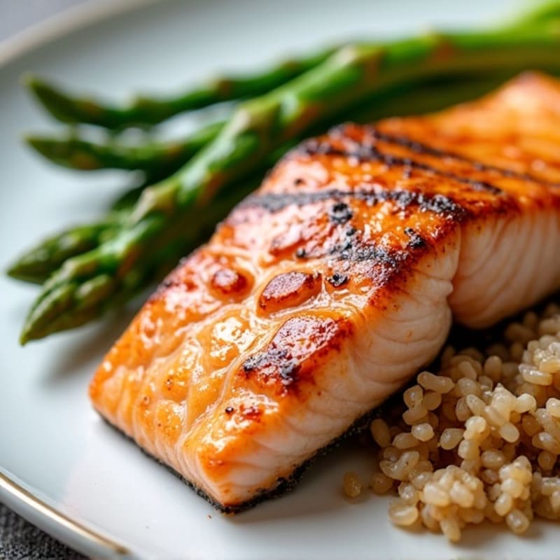 Seared Salmon Fillet with Steamed Asparagus and Brown Rice