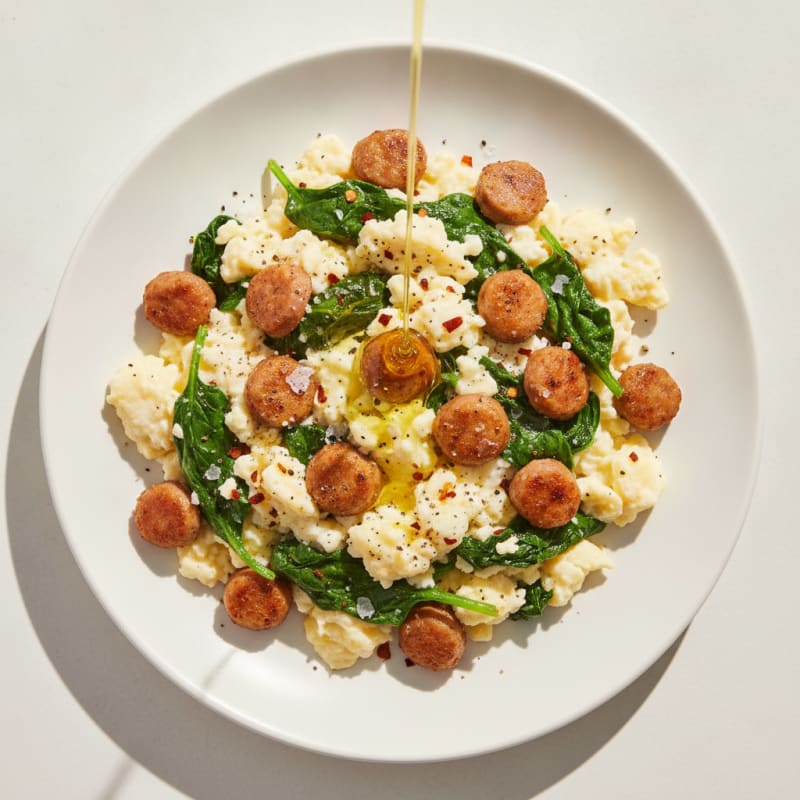 Scrambled Egg Whites with Turkey Sausage and Sautéed Spinach