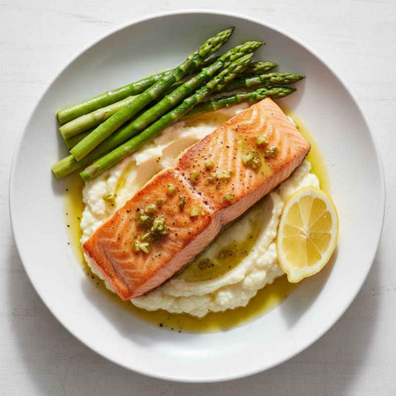 Seared Salmon Fillet with Steamed Asparagus and Cauliflower Mash