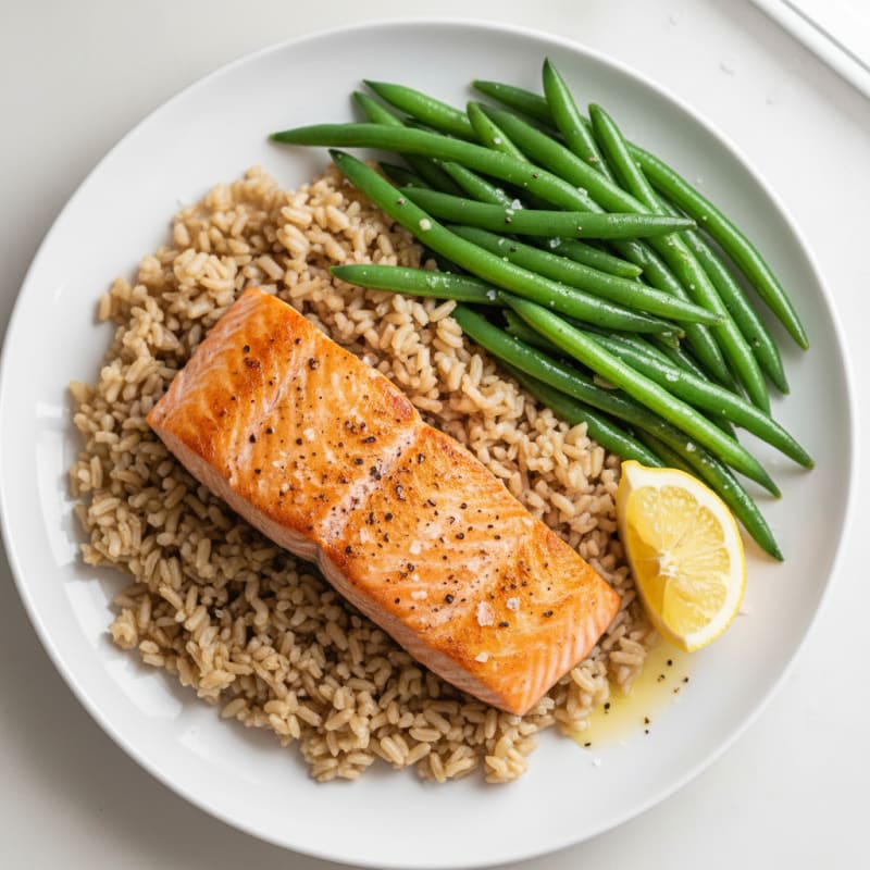 Seared Salmon with Steamed Green Beans and Brown Rice