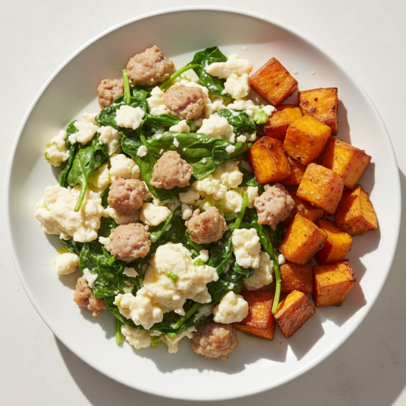 Egg White and Turkey Sausage Scramble with Spinach and Roasted Sweet Potato