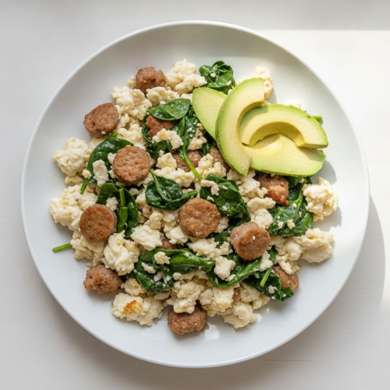 Egg White and Turkey Sausage Scramble with Sautéed Spinach