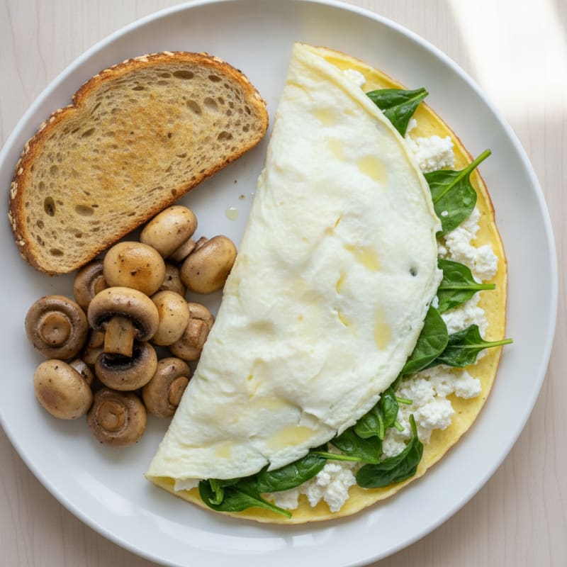 Egg White Spinach Omelette with Cottage Cheese and Sautéed Mushrooms