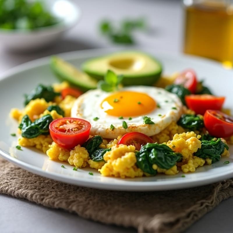 Cottage Cheese Egg Scramble with Spinach and Cherry Tomatoes