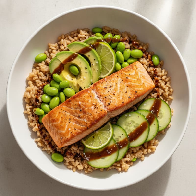 Pan-Seared Salmon Avocado Rice Bowl