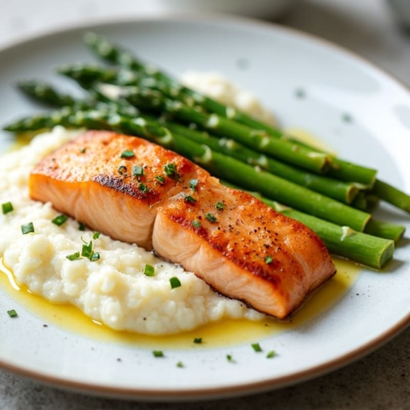 Seared Salmon with Steamed Asparagus and Cauliflower Mash